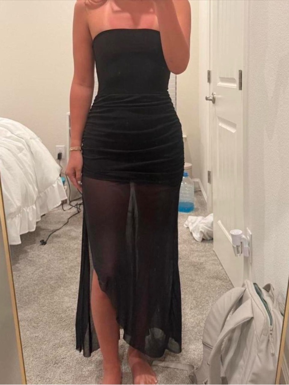 EGO Black Strapless Sheer Ruched Maxi Dress